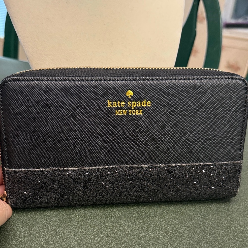 kate spade black glitter zip-around wallet